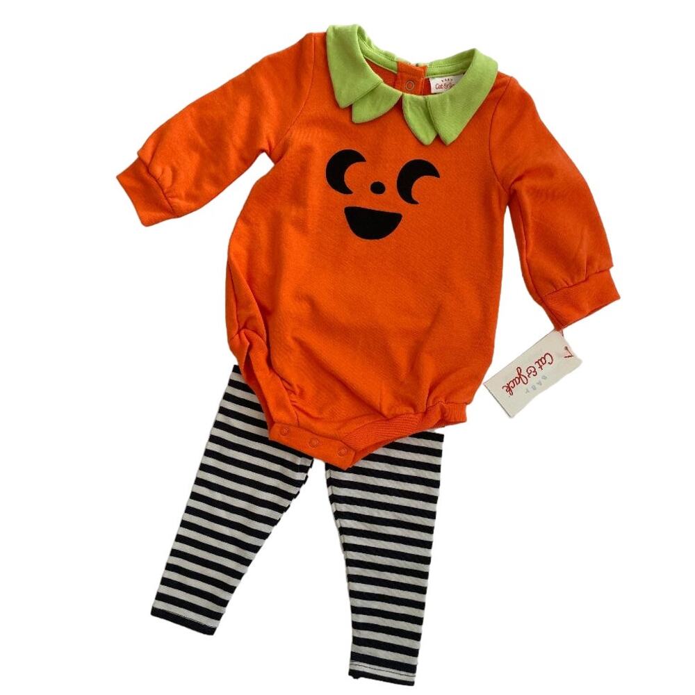 Cat & Jack Baby Pumpkin‎ Bodysuit Striped Pants Outfit Orange Black Green 12M
